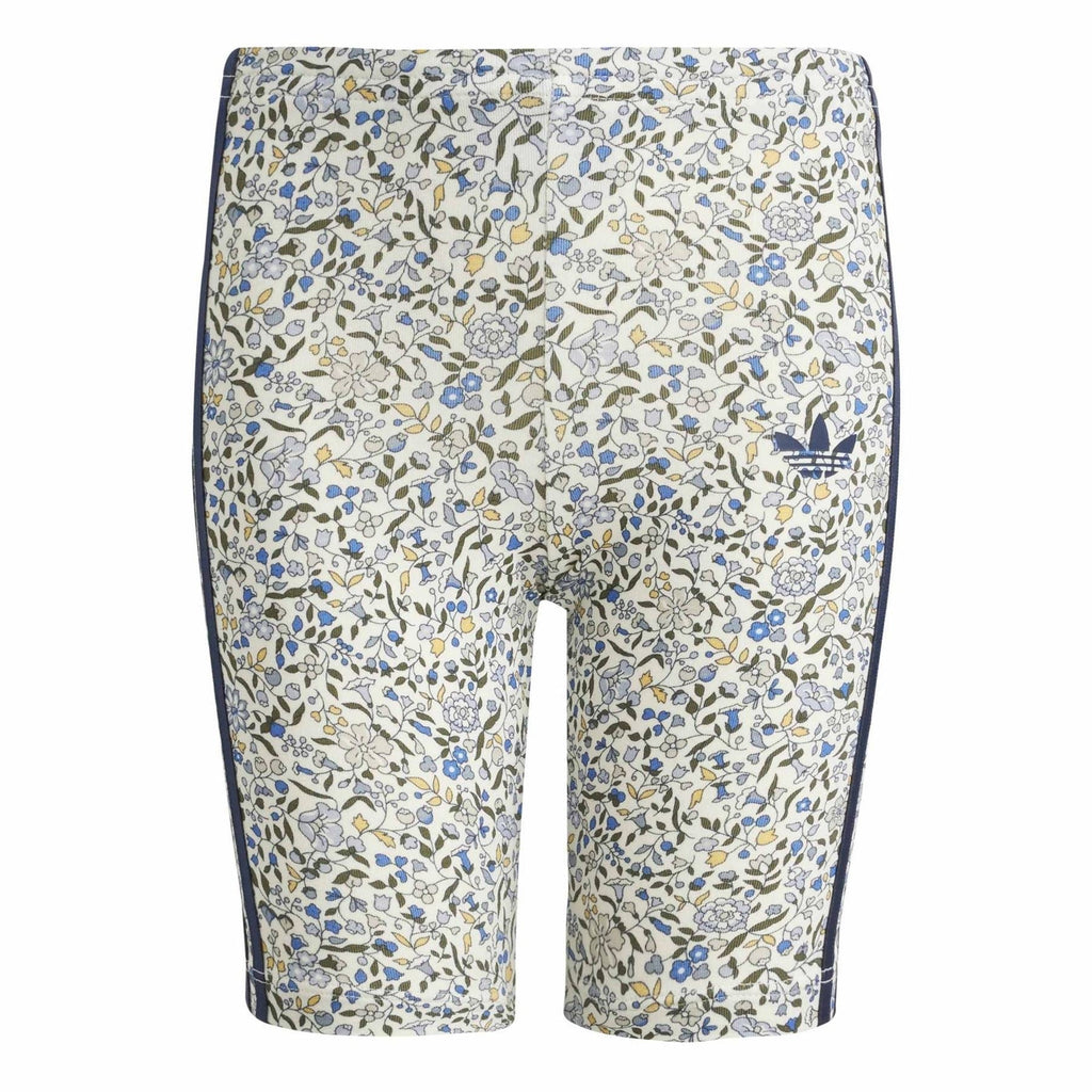 Kids' patterned shorts, light base with navy, blue, and yellow floral print