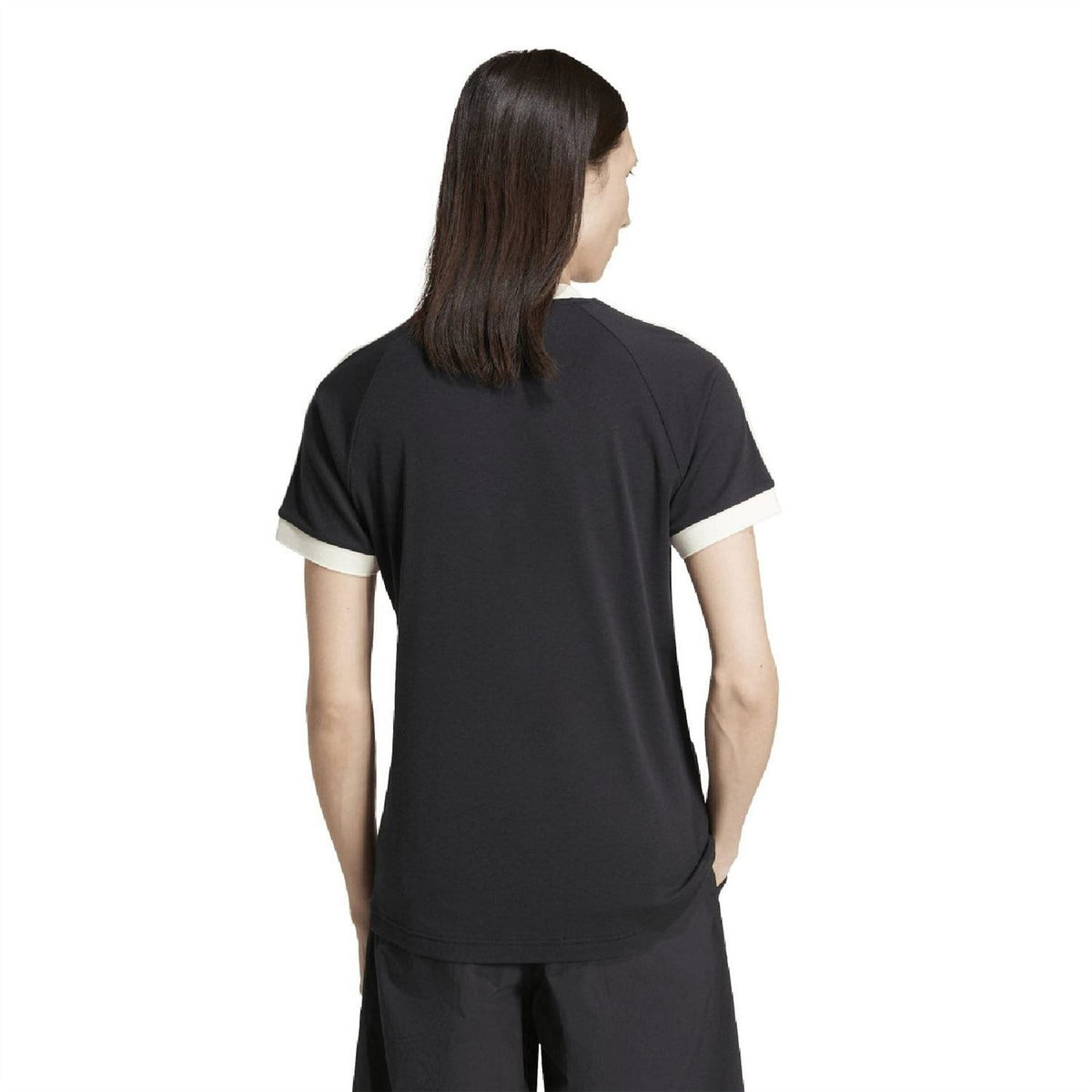 Black adidas Originals T-shirt, back view with white-trim raglan sleeves