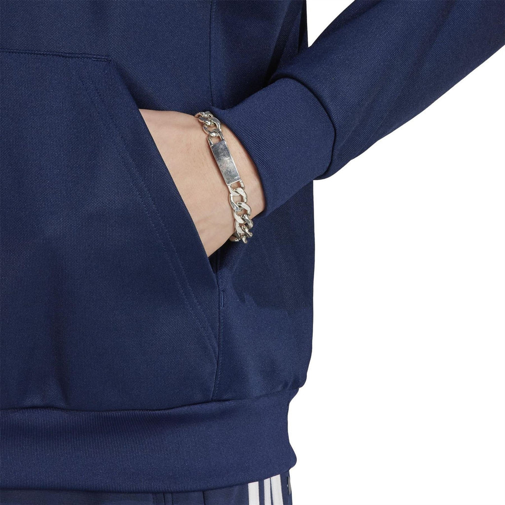 Navy hoodie front pocket and ribbed cuffs detail with drawcord and stripes