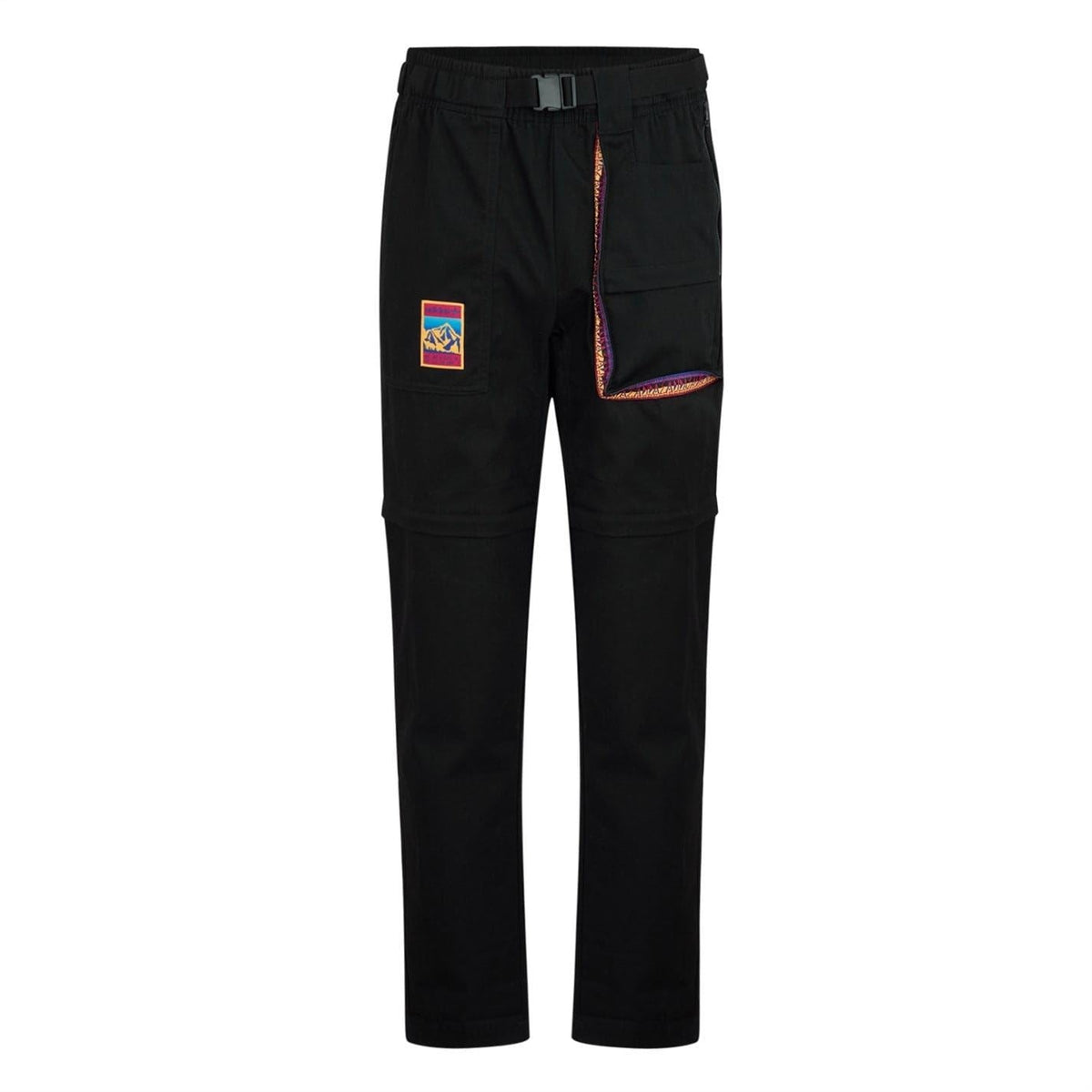 Black cargo pants with regular fit, belt loop waist, cargo pocket and colorful patch