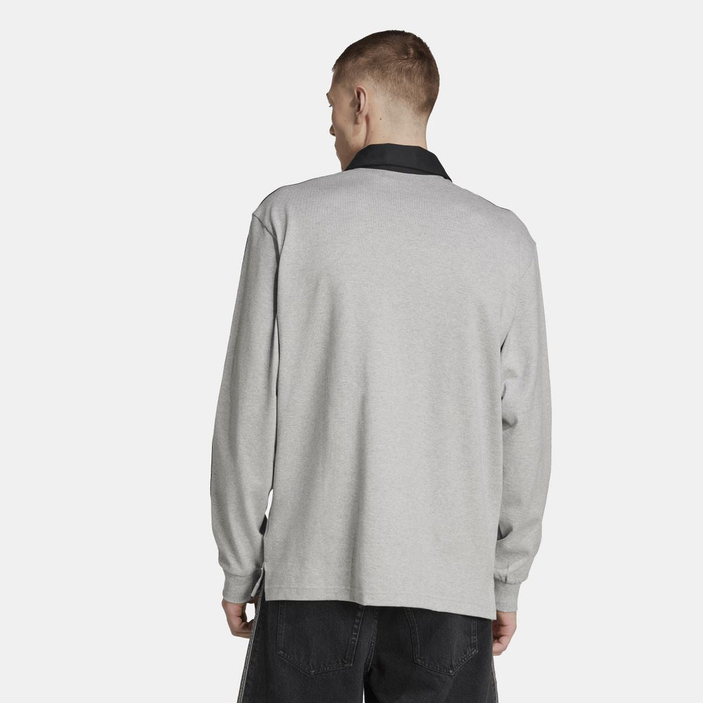 Grey rugby polo shirt back view with black collar and ribbed cuffs