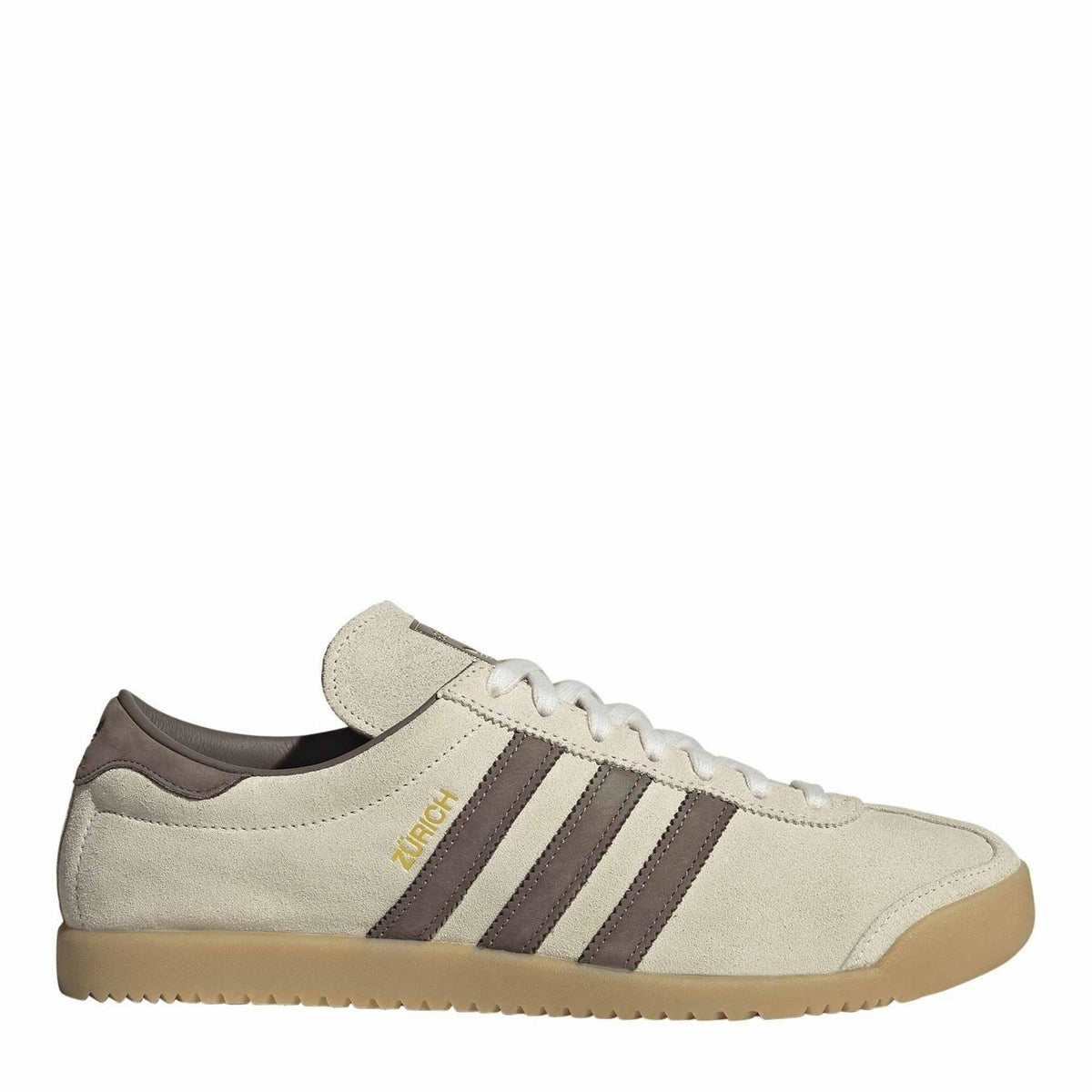 adidas Originals suede lace-up sneakers, beige with brown stripes and gum sole