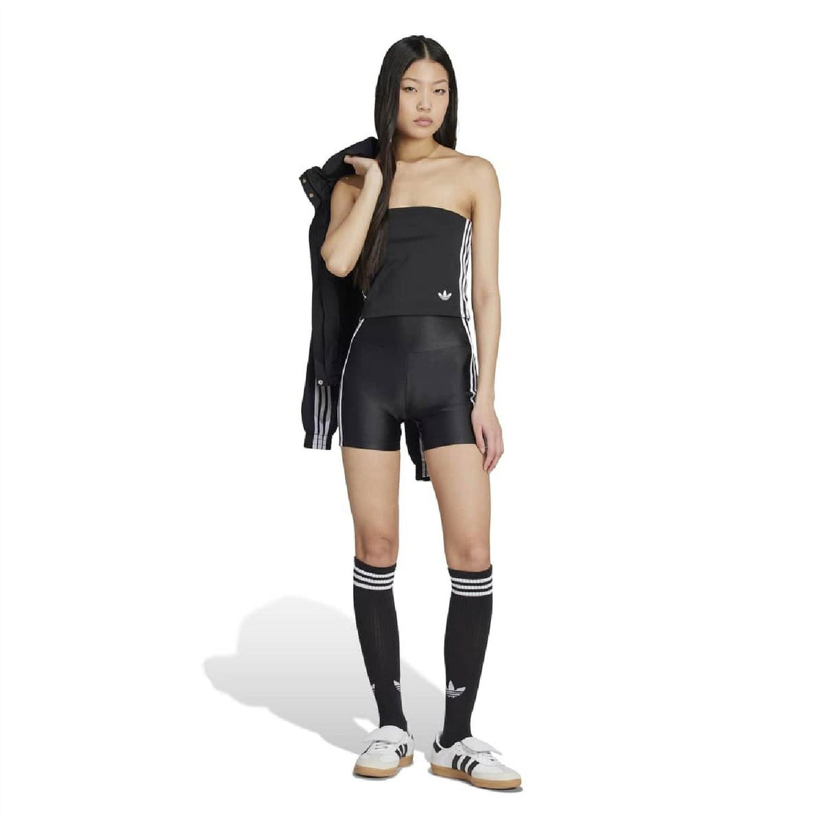 adidas Originals Adicolor tube top, strapless black with side 3-stripes and trefoil logo