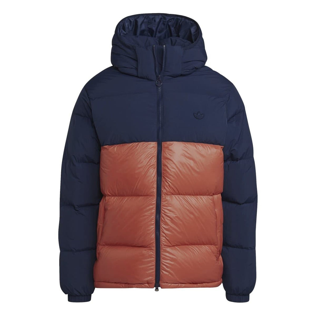 Indigo hooded down puffer jacket with orange contrast front panel and full zip