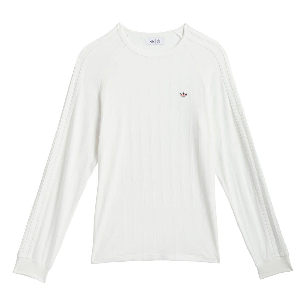 White ribbed long-sleeve crewneck t-shirt with small adidas trefoil chest logo