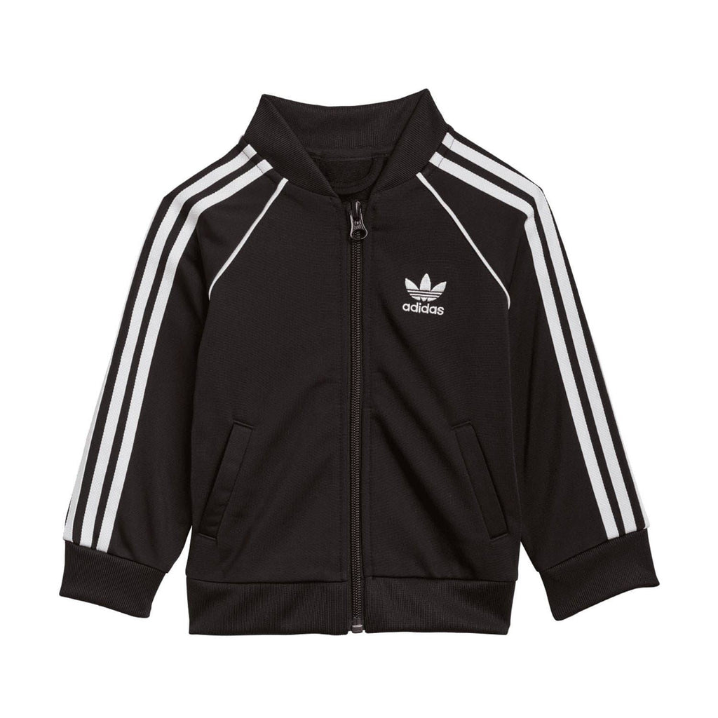 Infant black zip-up tracksuit jacket with white triple stripes and matching black track pants