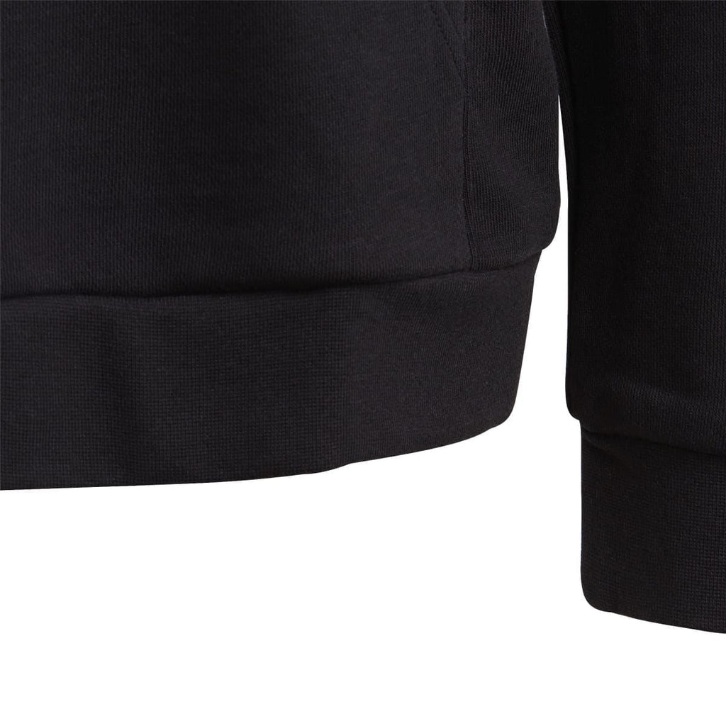Black hoodie hem and sleeve cuff with ribbed trim and stitched panel
