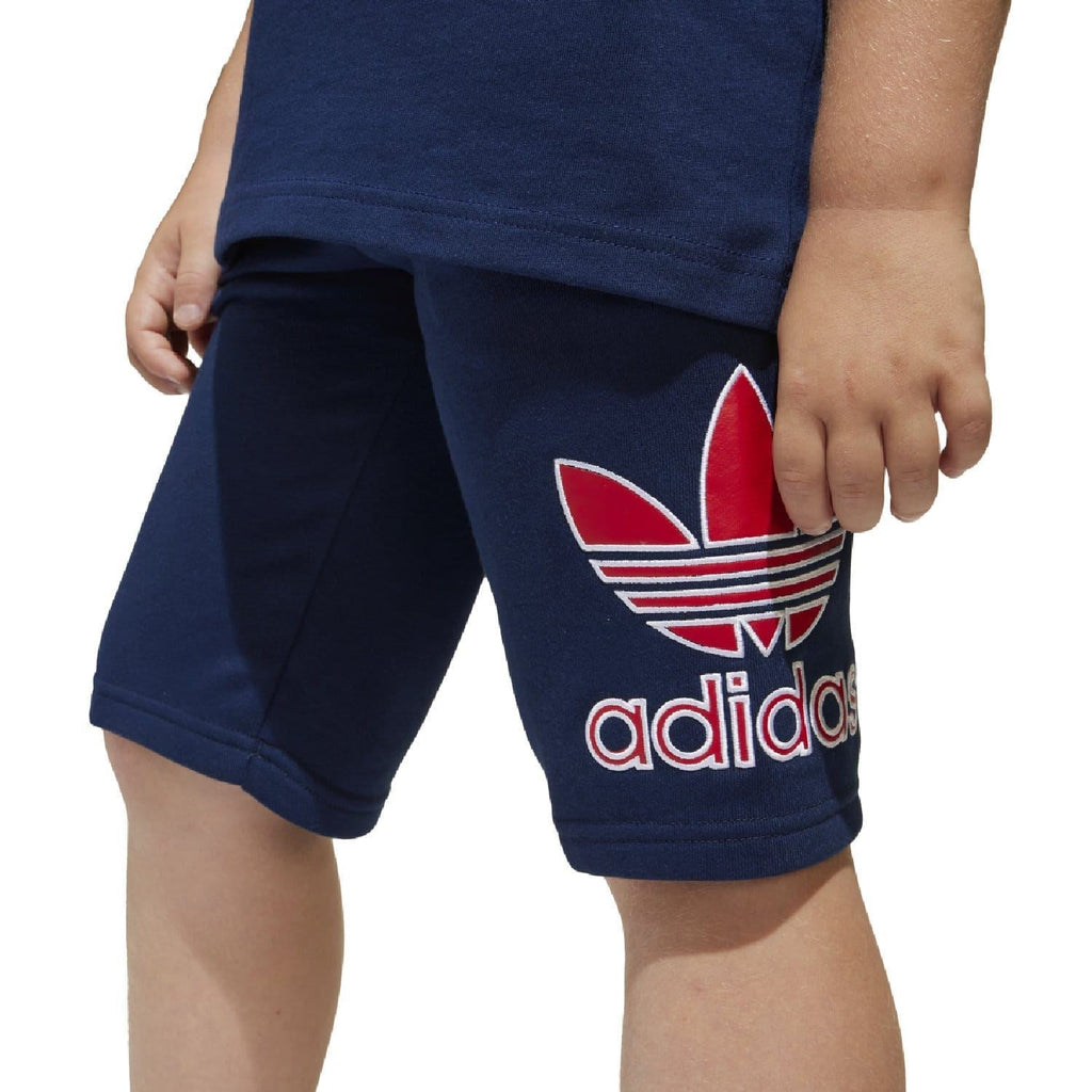 Kids navy adidas shorts with red trefoil logo on the thigh