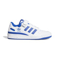 White and blue low-top trainers with hook-and-loop strap and three stripe details