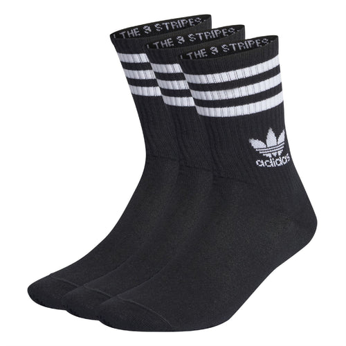 adidas Originals 3 Mid-Cut Crew Socks in white with black stripes, made of soft cotton, featuring the adidas logo at the top