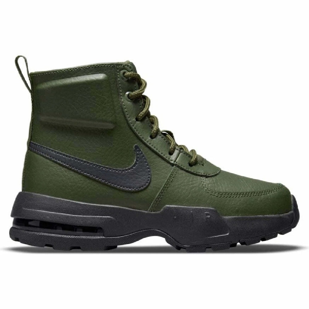 Olive green mid-top boot with dark Nike swoosh and black tread sole