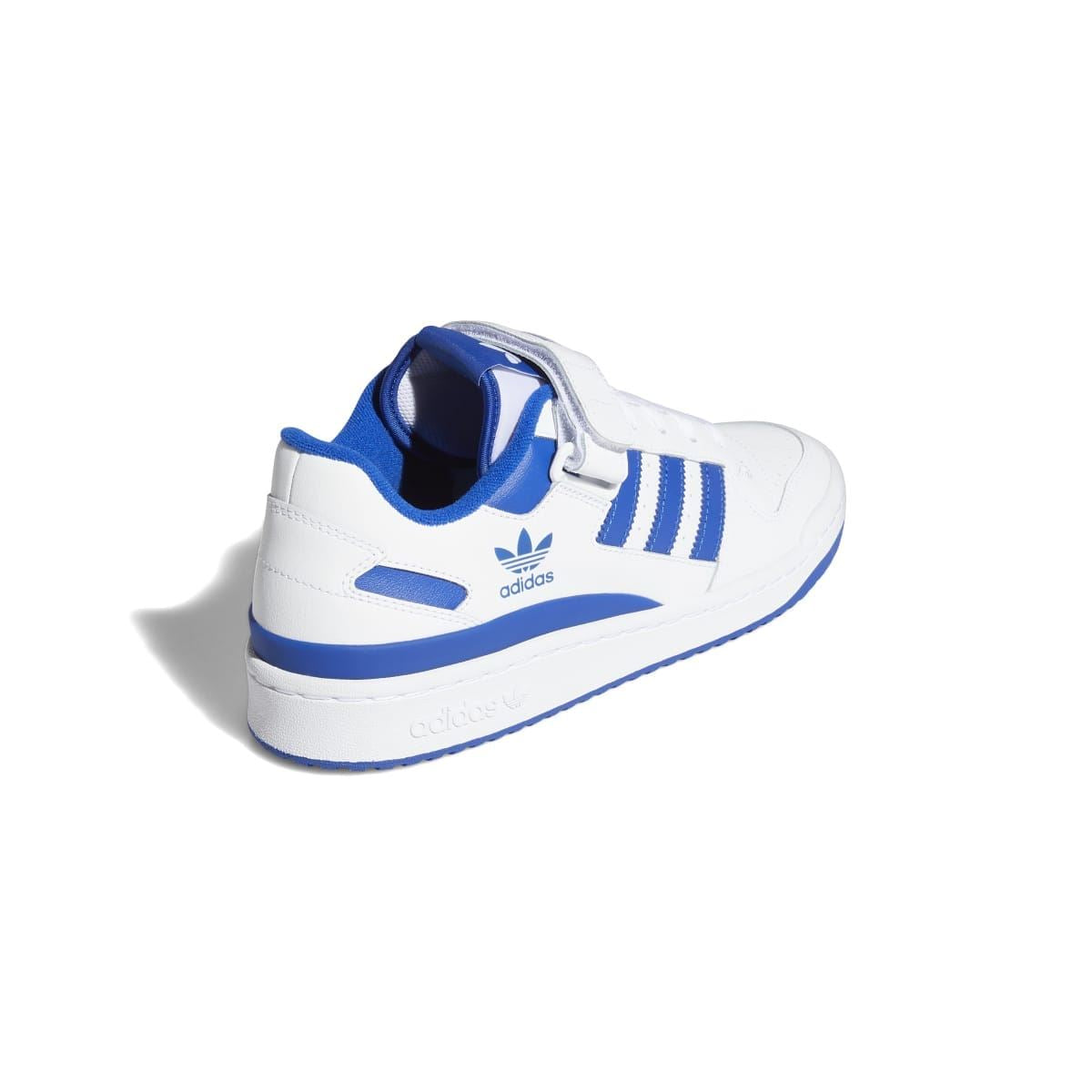 White and blue low-top sneakers viewed from heel with strap and side stripes