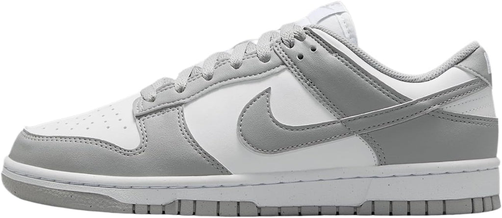 White and light gray Nike Dunk Low low-top sneakers, lace-up.