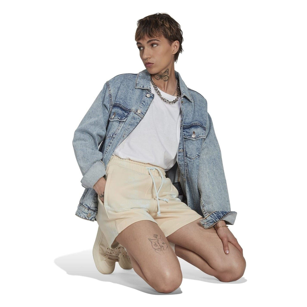 Cream adidas Originals sweat shorts with elastic waistband and purple logo