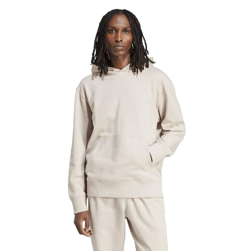 adidas Originals beige French terry hoodie worn with matching sweatpants