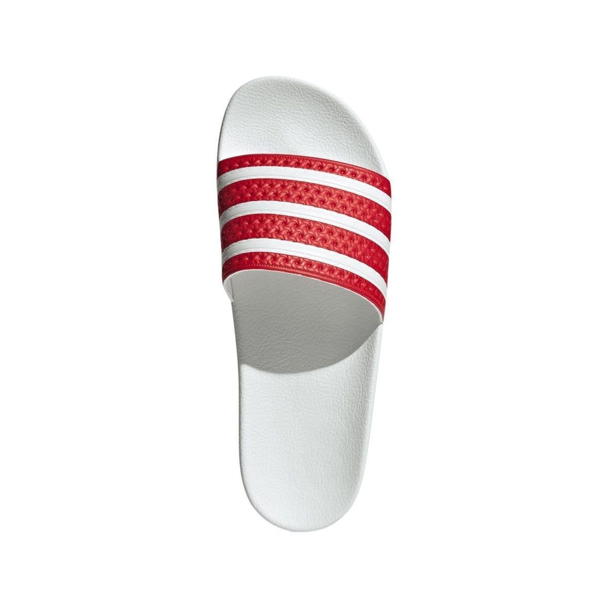 adidas Adilette slide sandal, red-and-white striped strap on white footbed