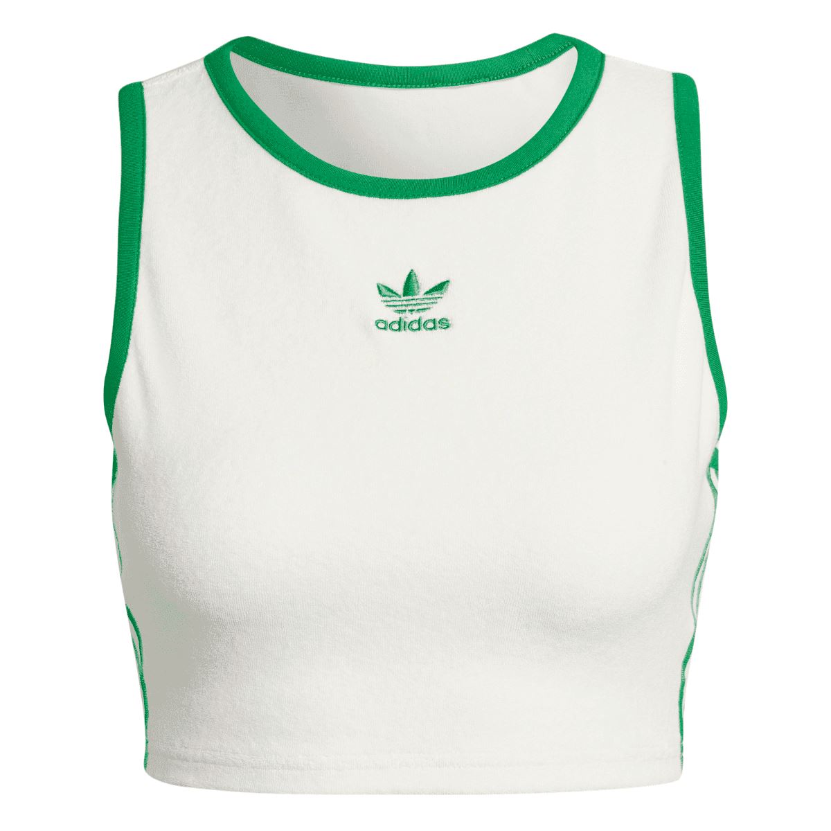 Off-white cropped tank top with green ribbed crew neck and adidas trefoil logo
