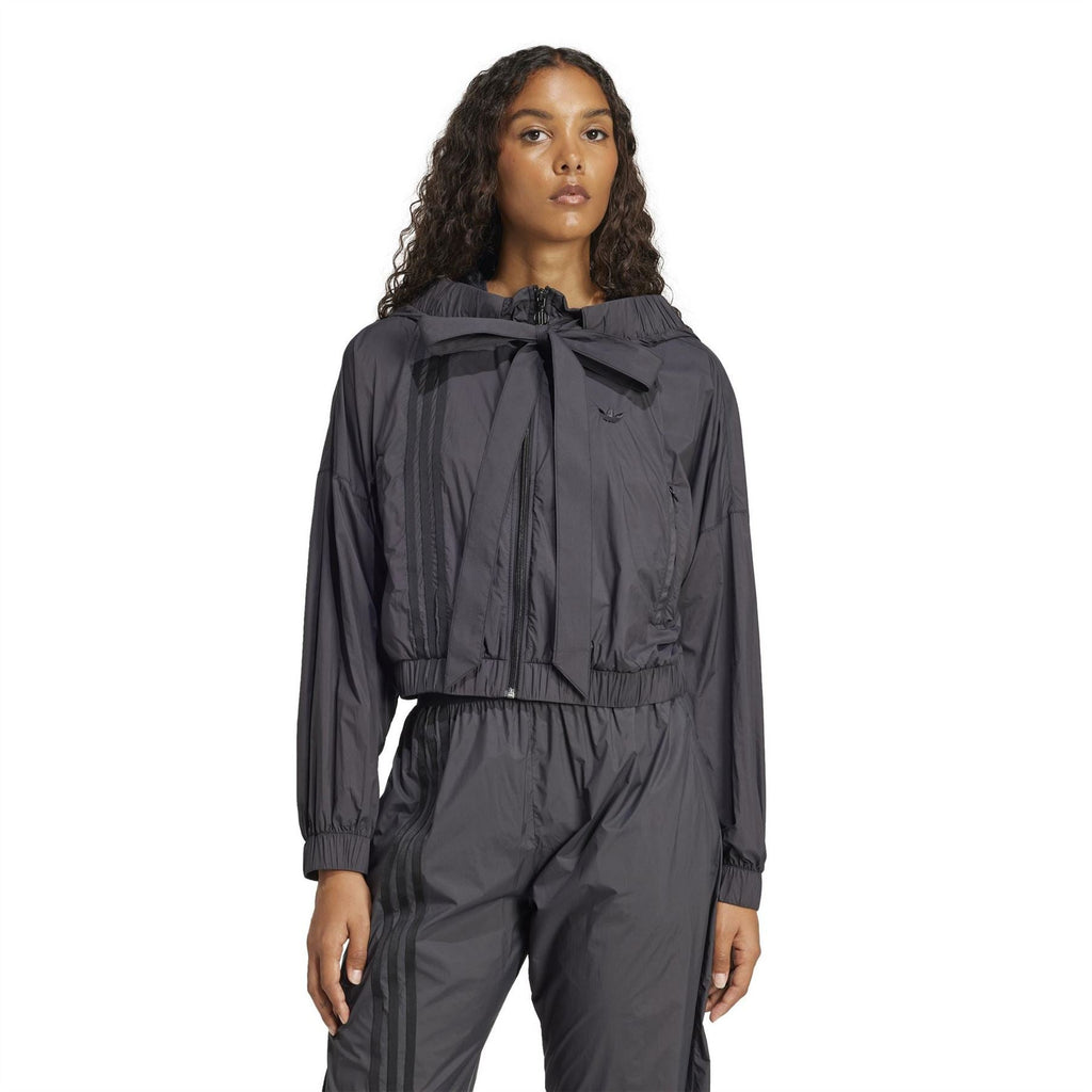 Black hooded ruched bomber jacket with bow tie neck detail and elastic cuffs