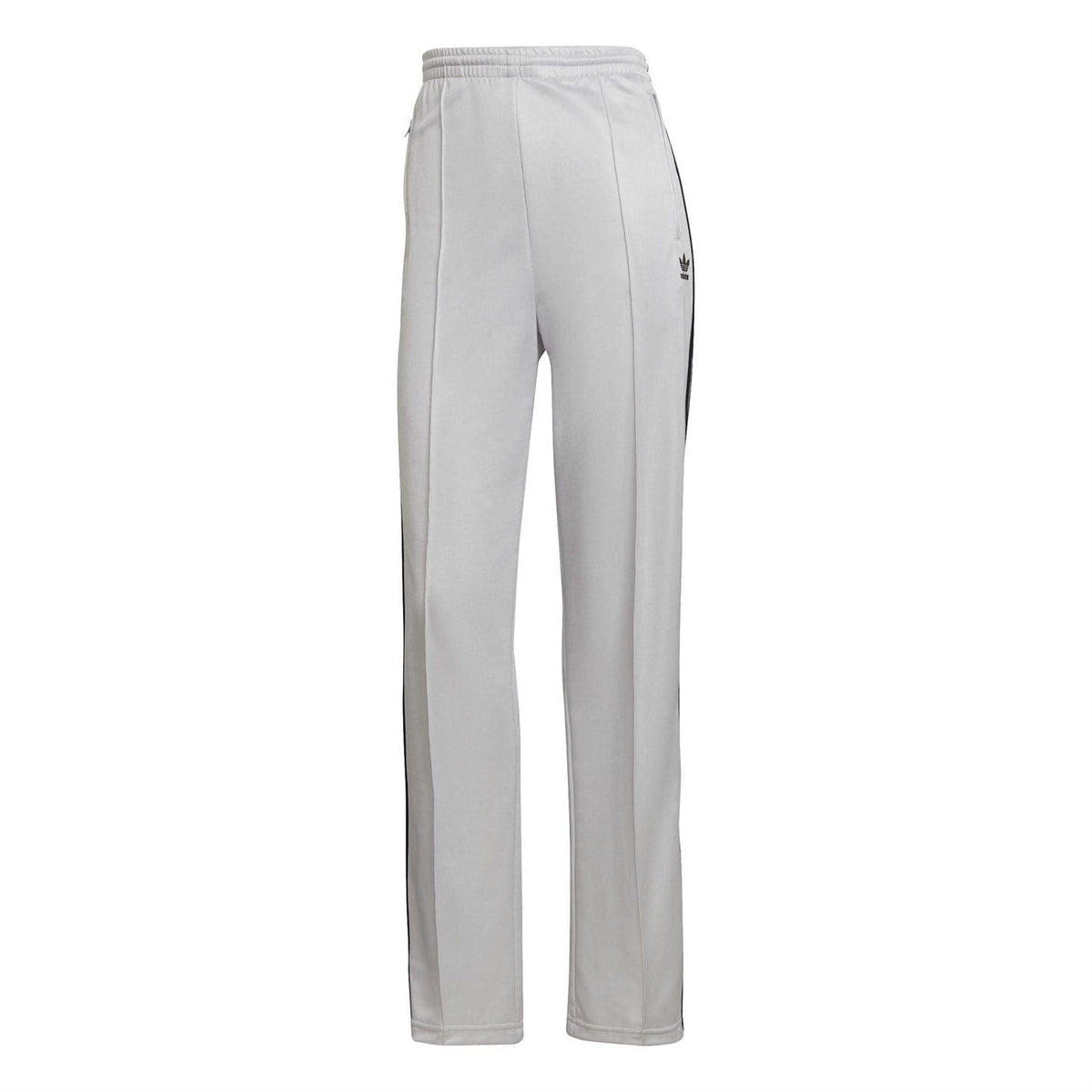 Light gray adidas track sweatpants with elastic waistband and cuffed hem