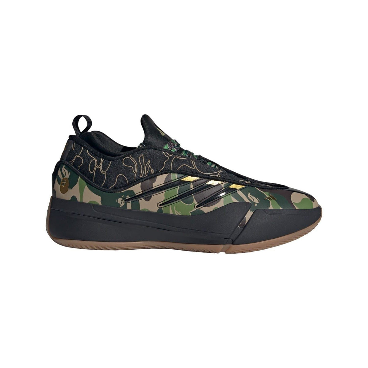 Black-and-green camouflage trainers with lace-up front and low-profile rubber sole