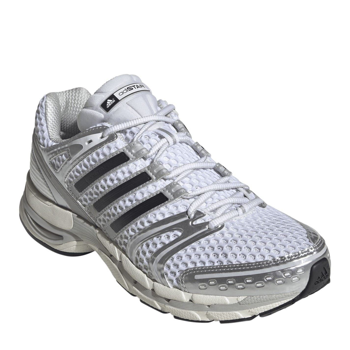 adidas Adistar Control 5 shoes, silver/gray knit upper with black stripe detailing