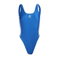Blue one-piece swimsuit with scoop neck and adidas logo at chest