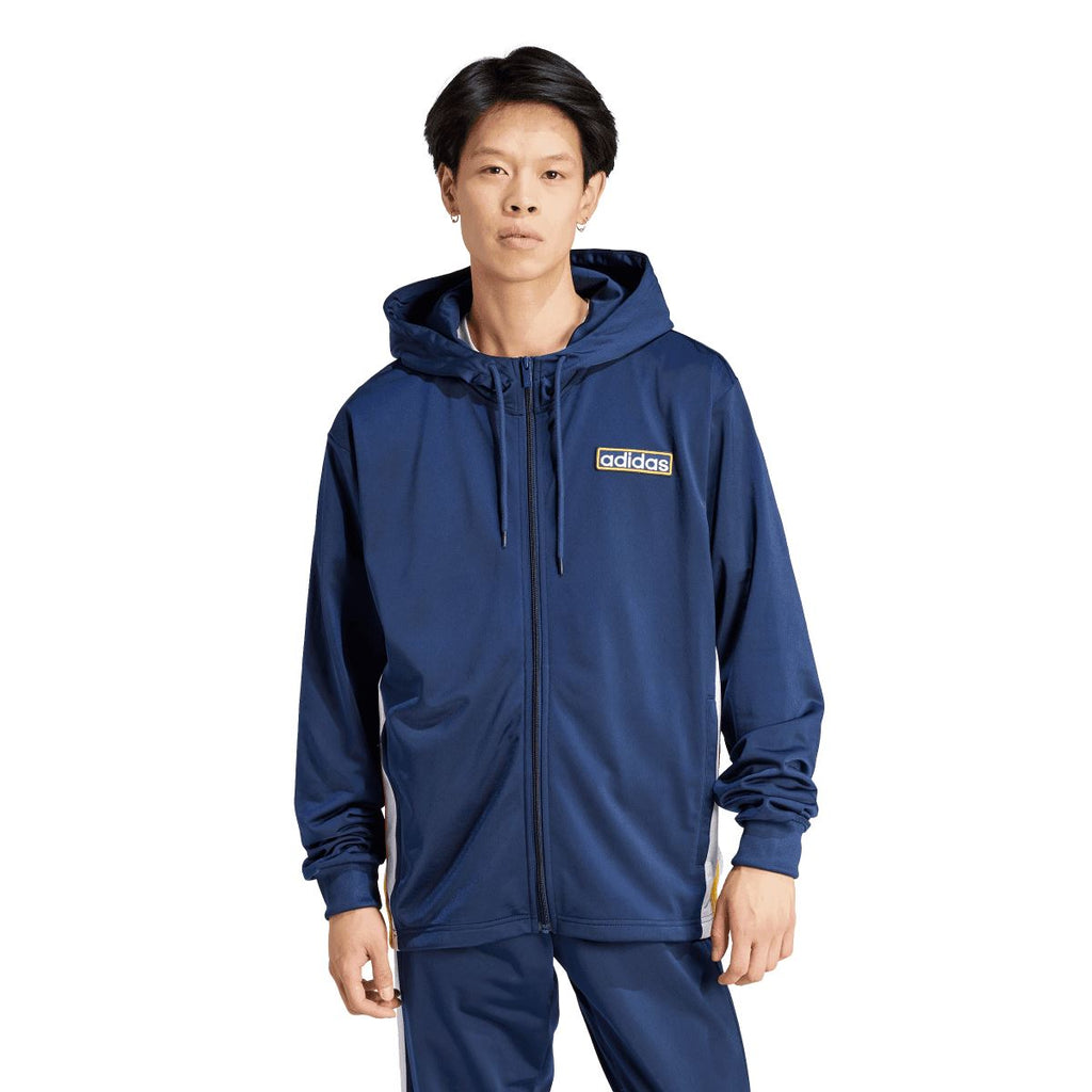Indigo adidas full-zip hoodie with hood and drawstring, long sleeves