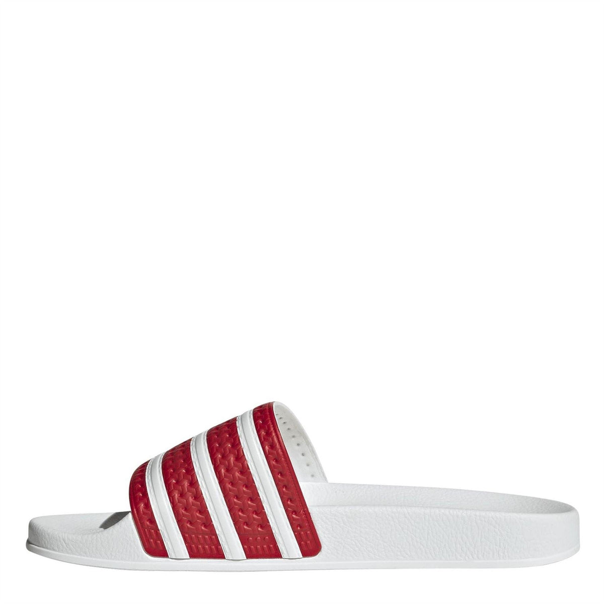Red and white adidas Originals slide sandal with three-strap stripe design on the upper