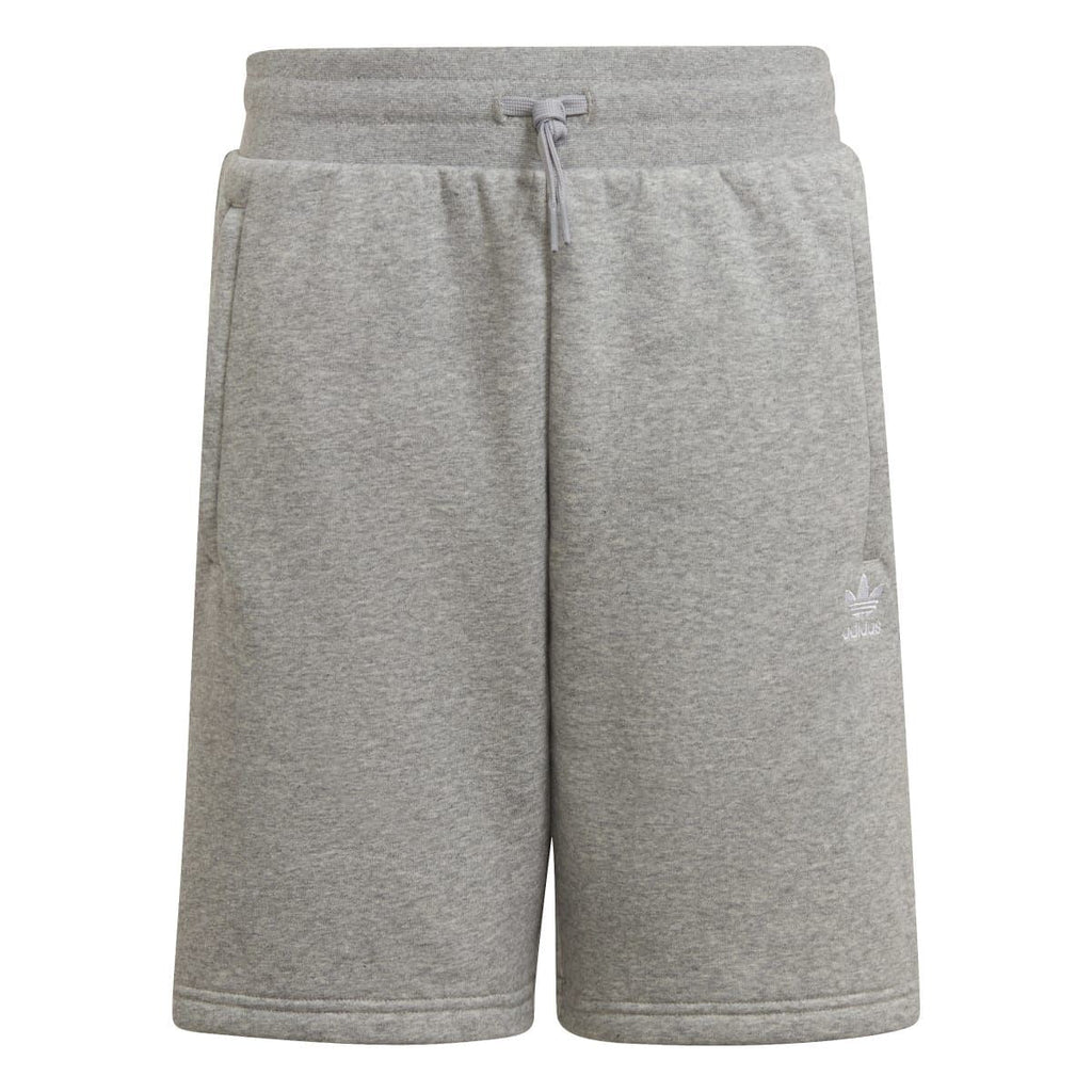 Grey junior fleece shorts with drawstring waist and Adidas trefoil logo on leg