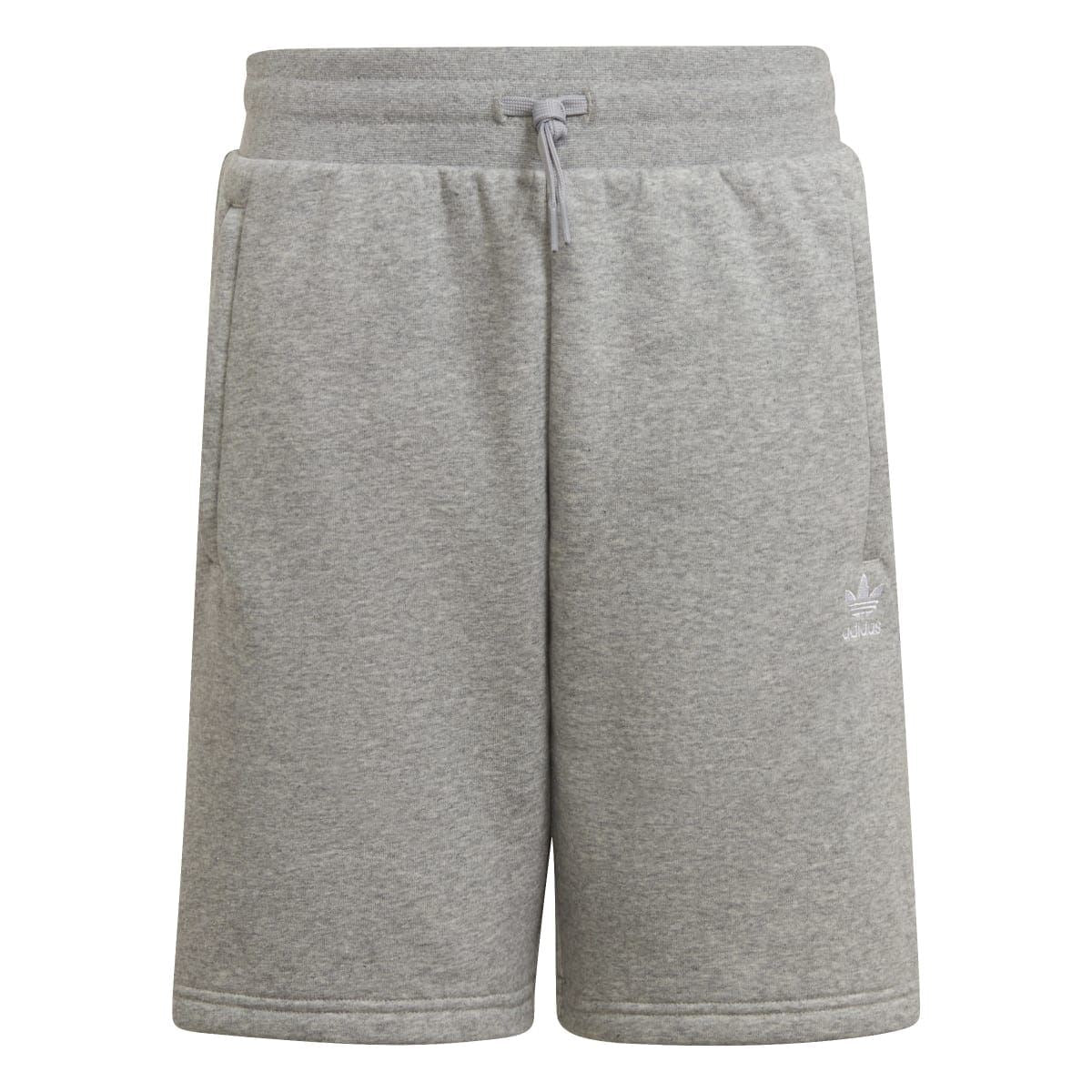 Grey junior fleece shorts with drawstring waist and Adidas trefoil logo on leg