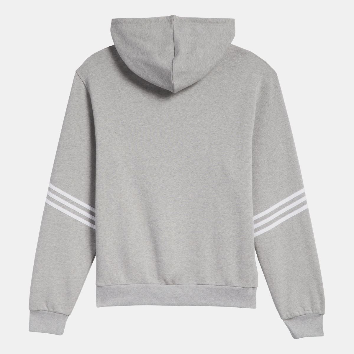 Grey adidas Originals hoodie back view with drawstring hood and sleeve stripe detail.