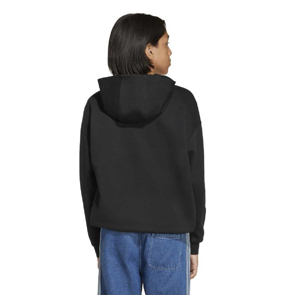 Black junior hoodie sweatshirt back view with hood and ribbed cuffs.