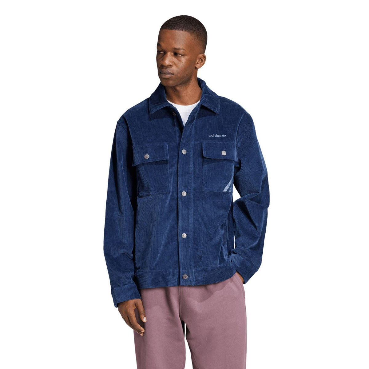 Indigo corduroy coach overshirt, button front, two flap chest pockets