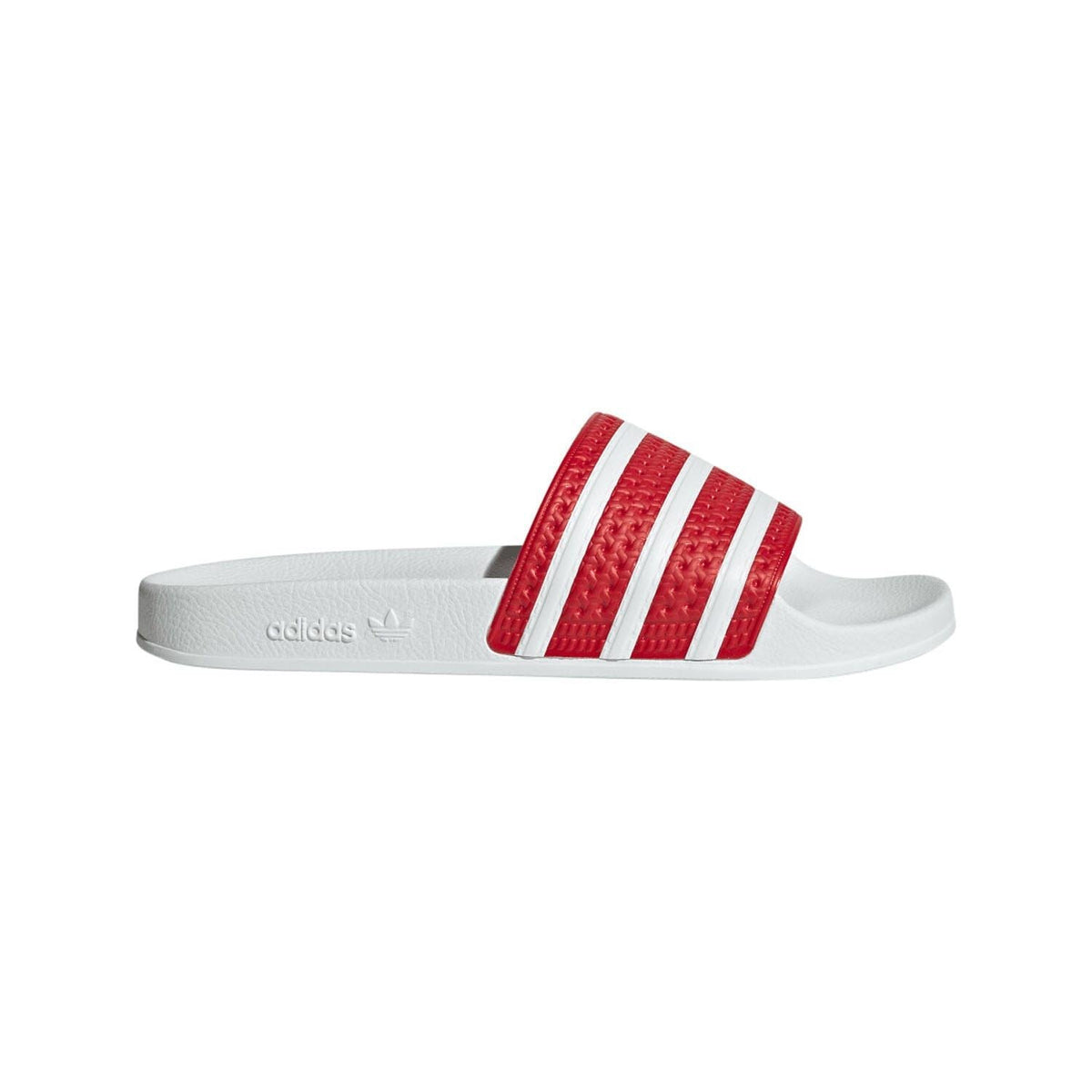 adidas Adilette slide sandals, red-and-white striped upper on white footbed