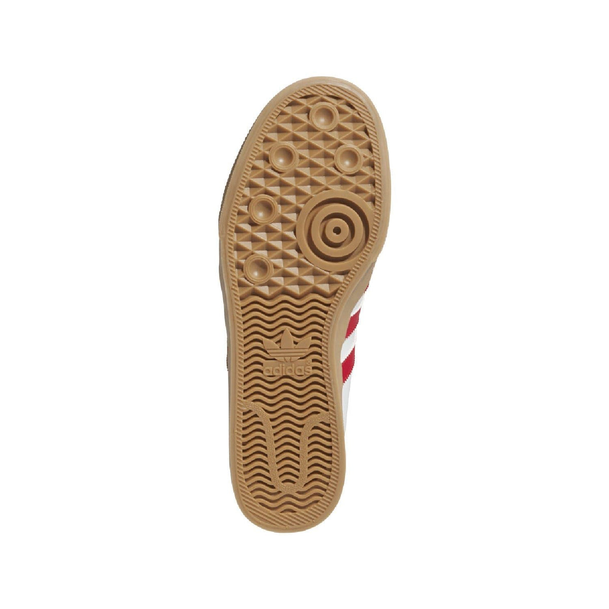 Gum-brown outsole of white adidas Adiease trainers with red stripe detail