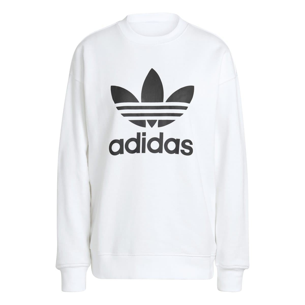 White crewneck sweatshirt with large black adidas Trefoil logo on chest