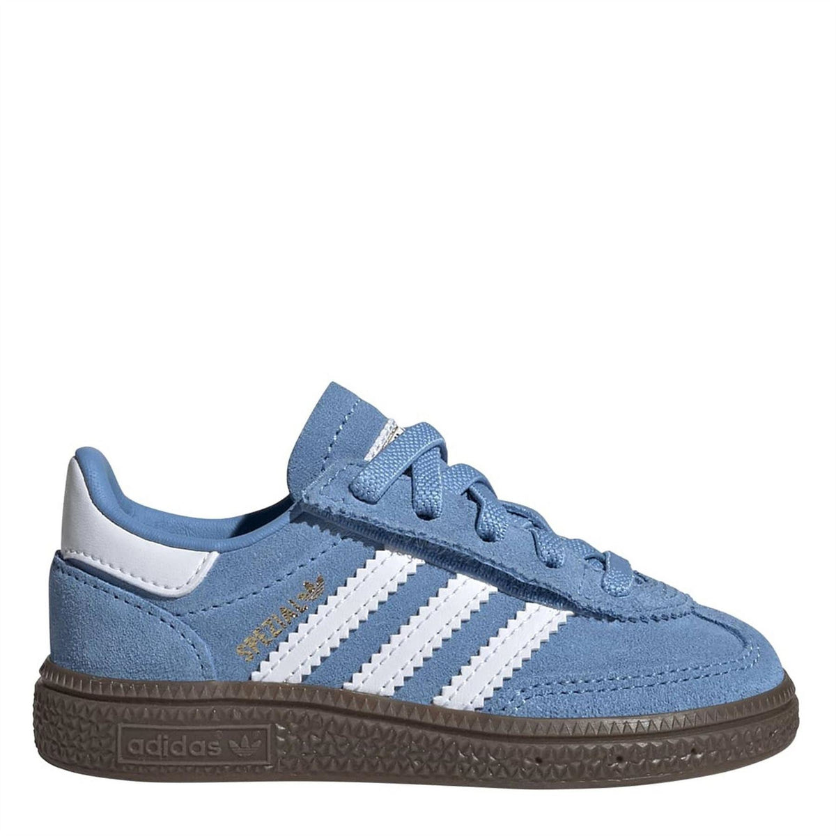 Light blue adidas sneakers with white stripes and brown gum sole