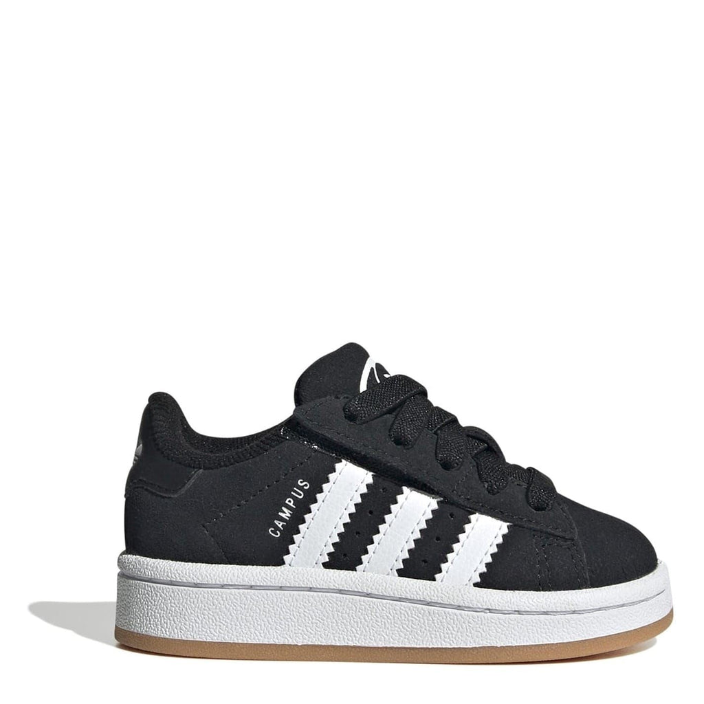 Black low-top lace-up sneakers with white three-stripe side detail and white sole.