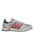 Grey lace-up sneakers with red and white triple stripes, padded collar, rubber outsole