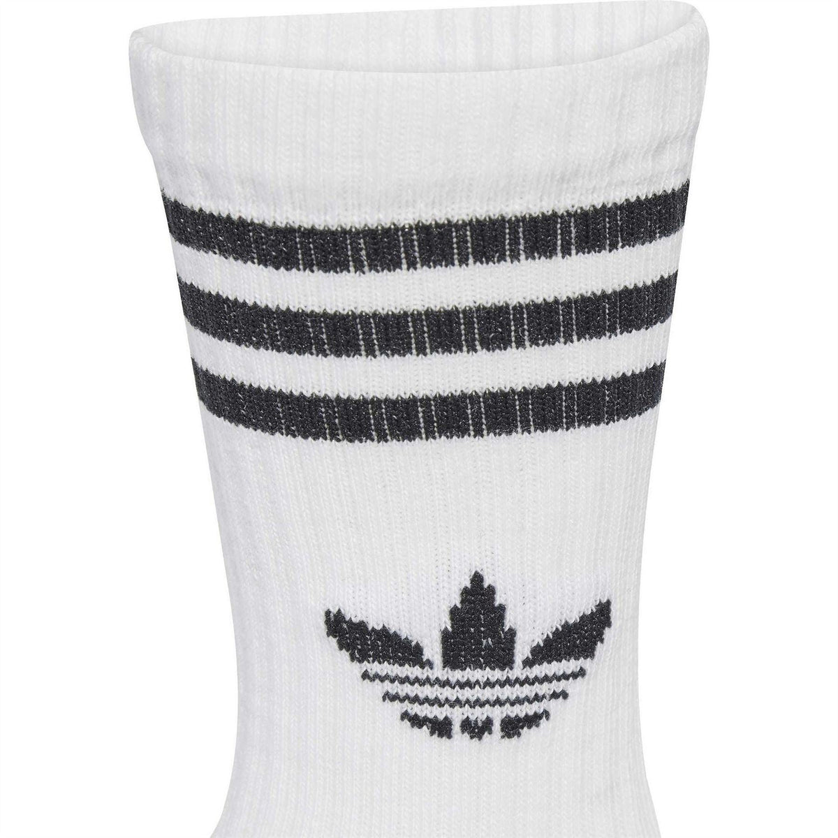 adidas crew socks with white cuff, black striped band, trefoil logo