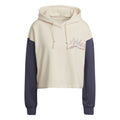 Cropped hooded sweatshirt, cream body with navy sleeves, drawstring hood, relaxed fit