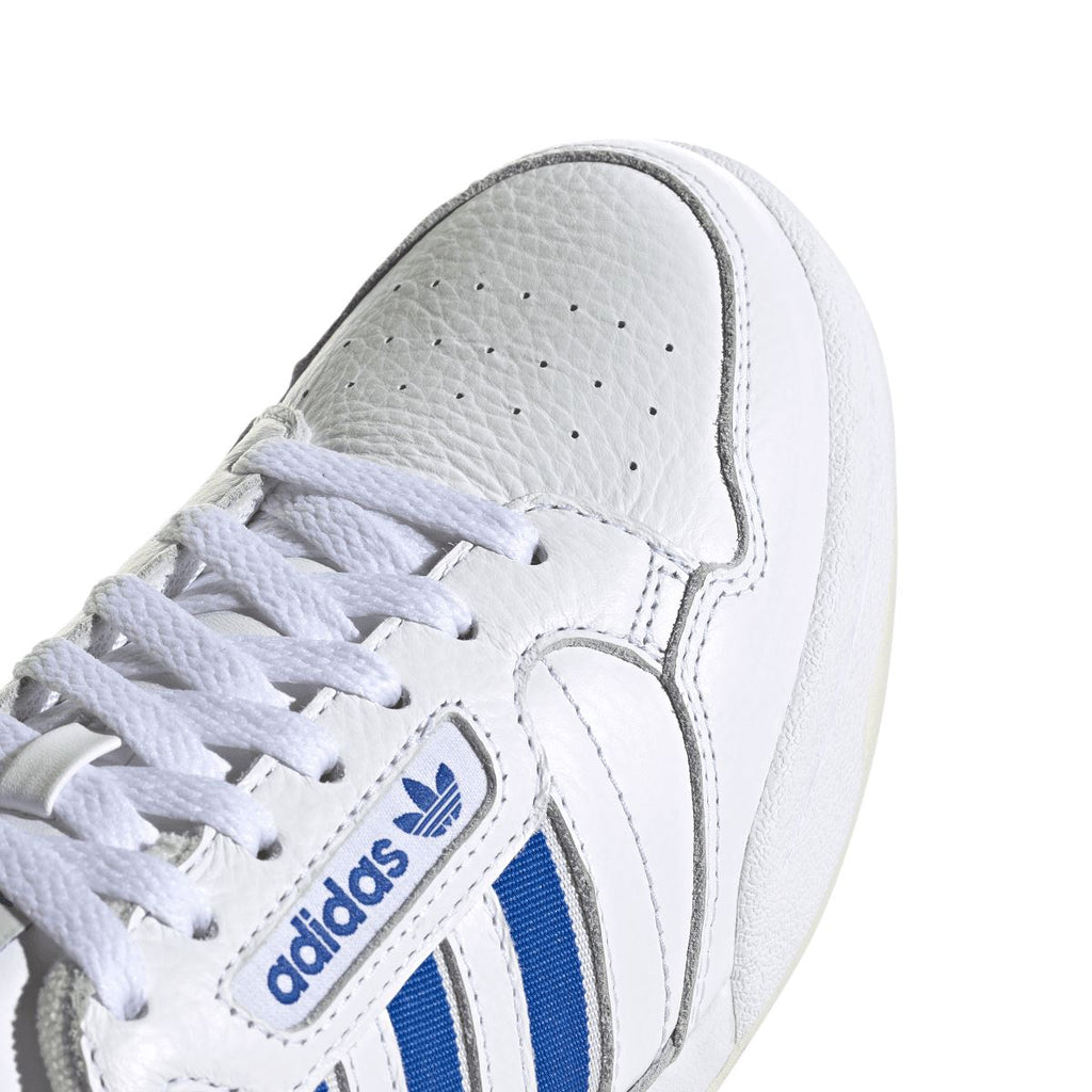 White leather adidas Continental 80 toe with blue stripes and adidas trefoil logo