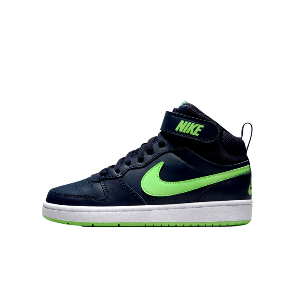 Grade-School Nike Court Borough Mid 2 Dark Obsidian/Lime Blast-White CD7782-403