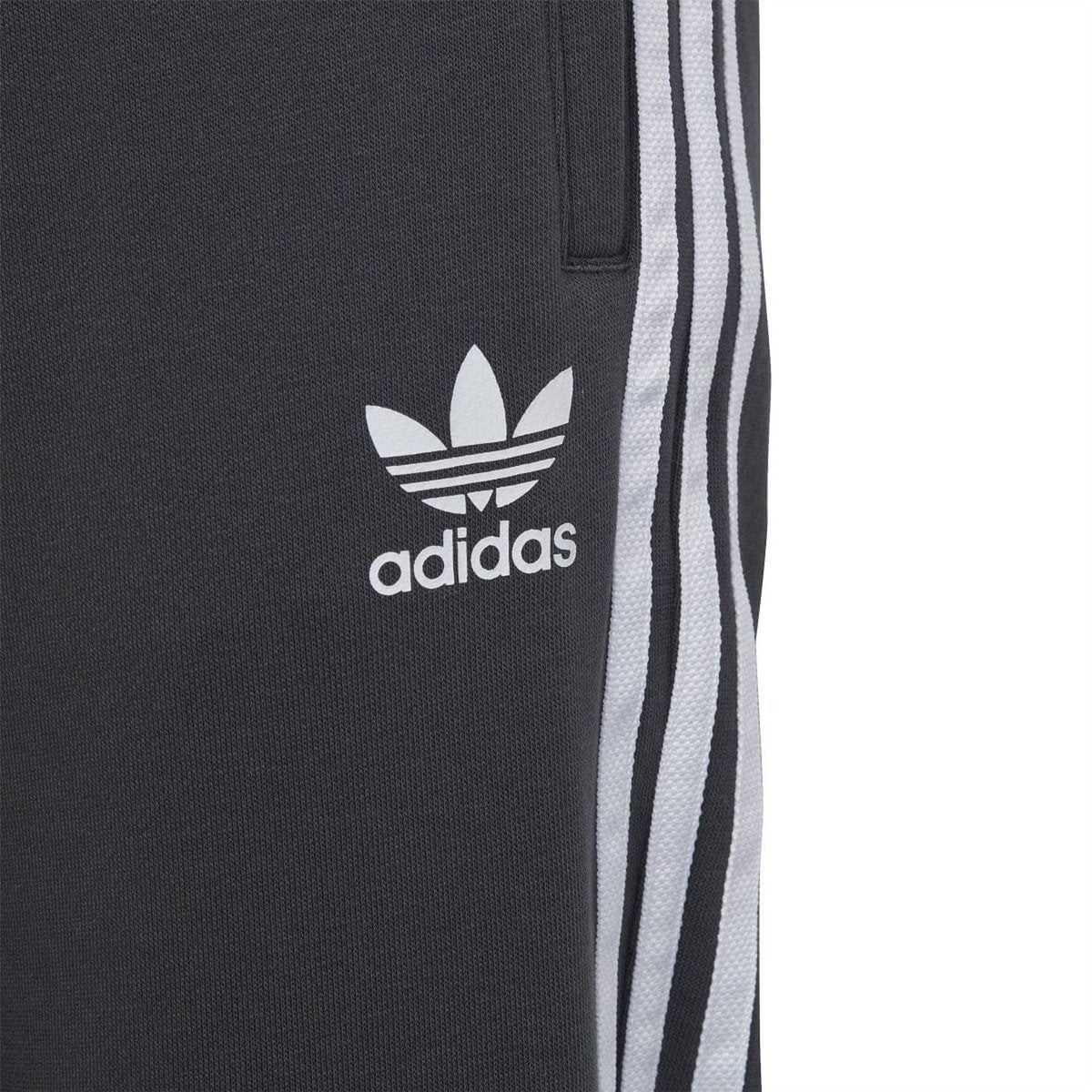 Adidas logo and three white stripes on dark grey joggers