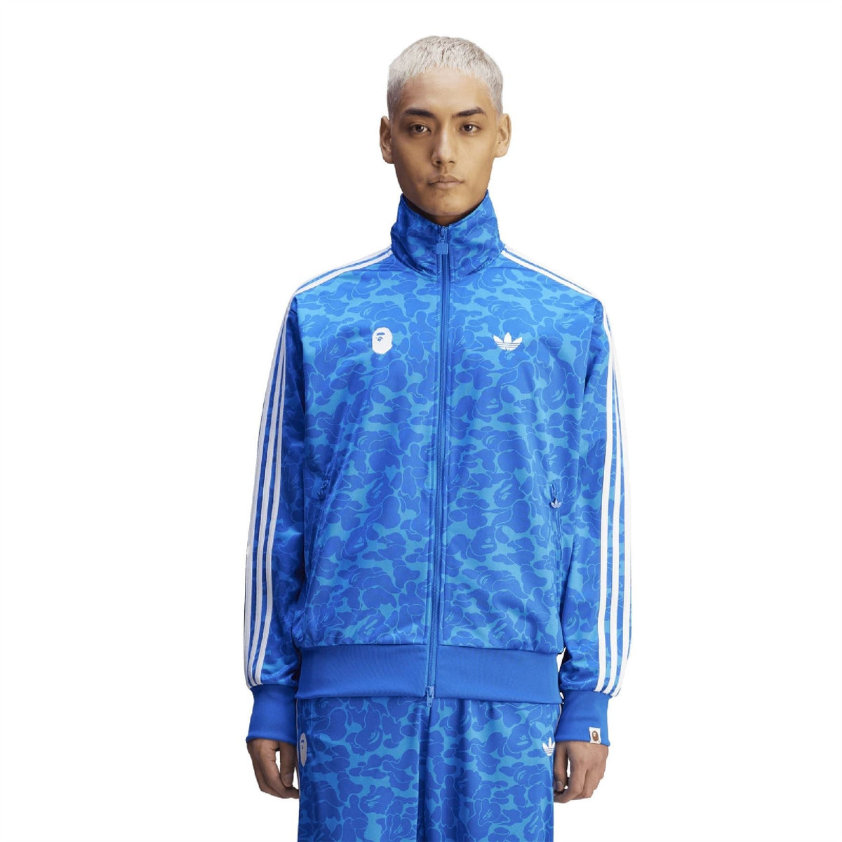 adidas Originals Bape Firebird track top in black with colorful Bape logo and flame design, full view of the stylish tracksuit jacket