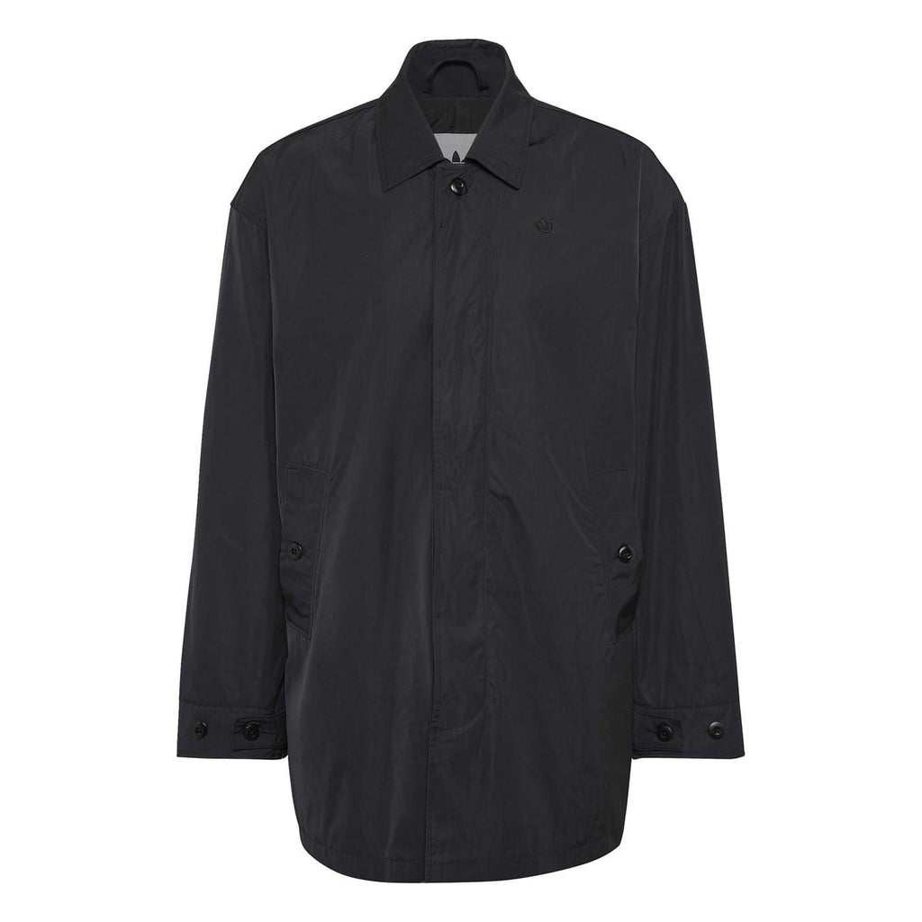 Black men’s jacket with stand collar and button-front, hanging on a hanger.