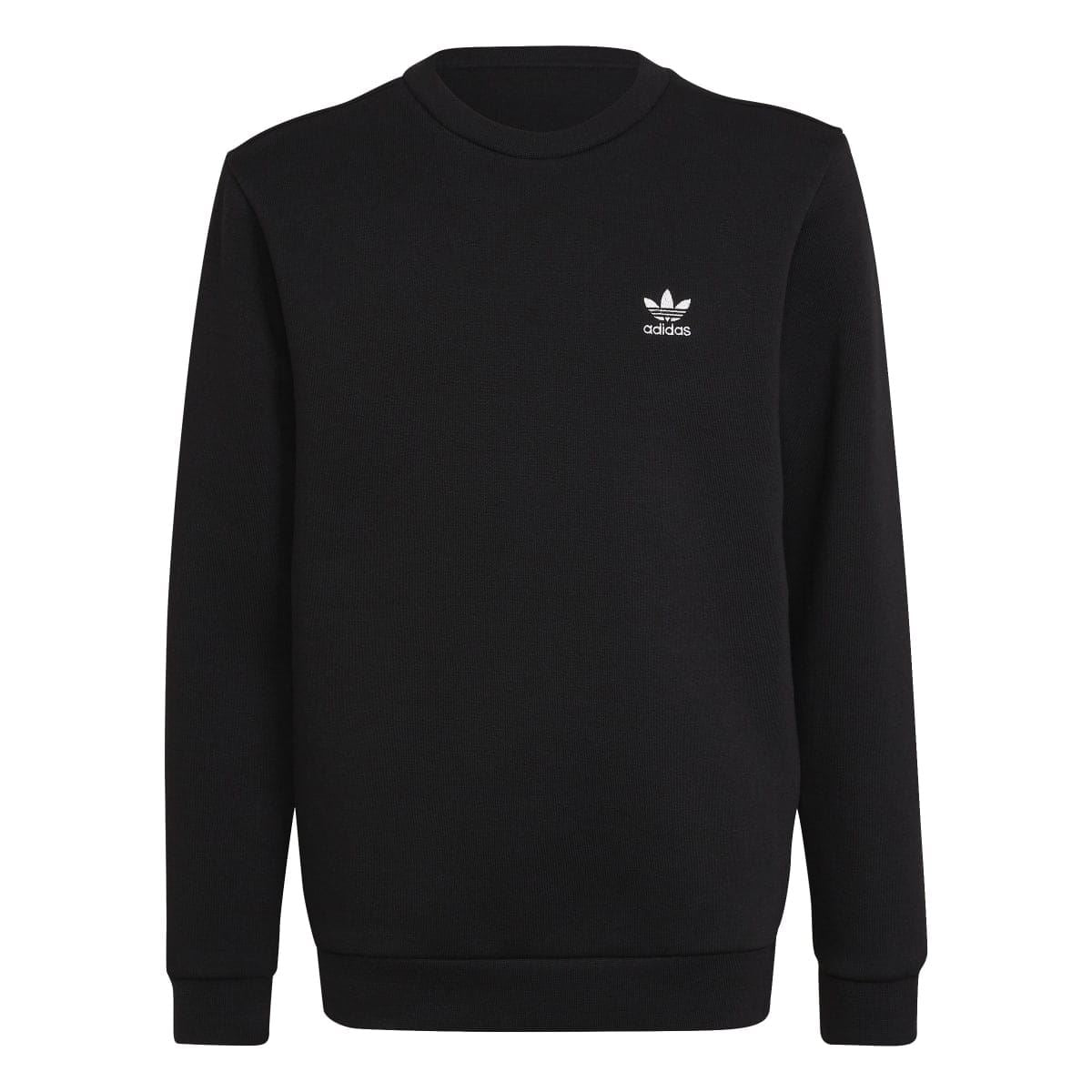 Black juniors crewneck sweatshirt, front view, ribbed neckline cuffs and hem