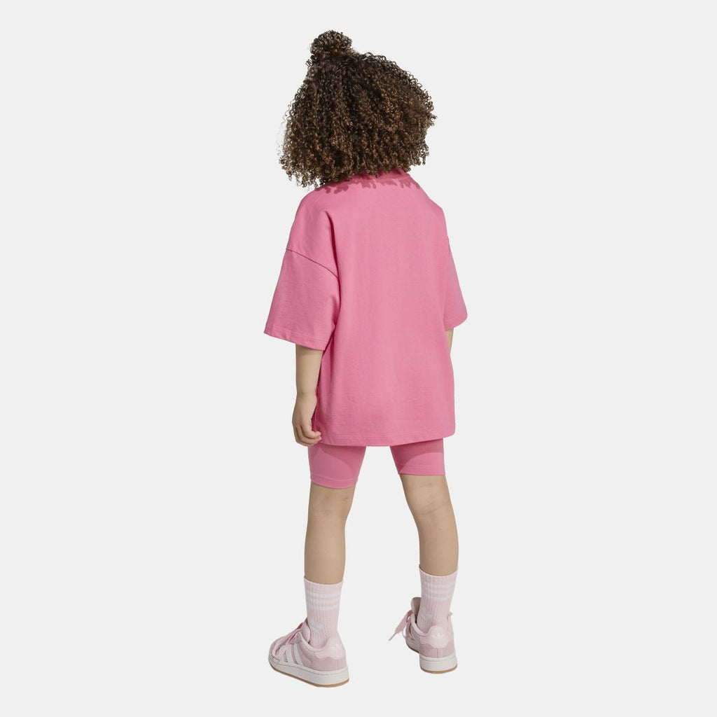 Infants pink adidas T-shirt and shorts set from back view, logo on upper back