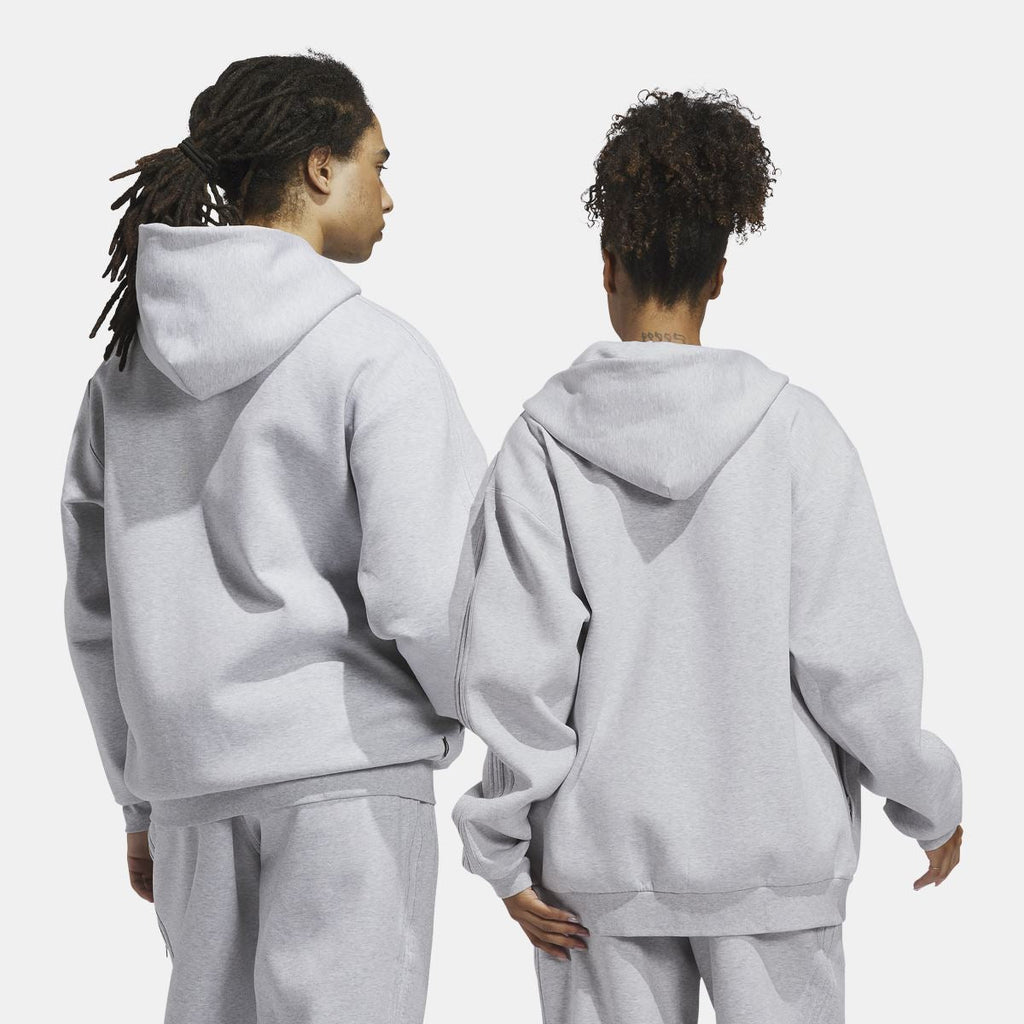 Grey zip fleece hoodie on models, back and side view with hood up.