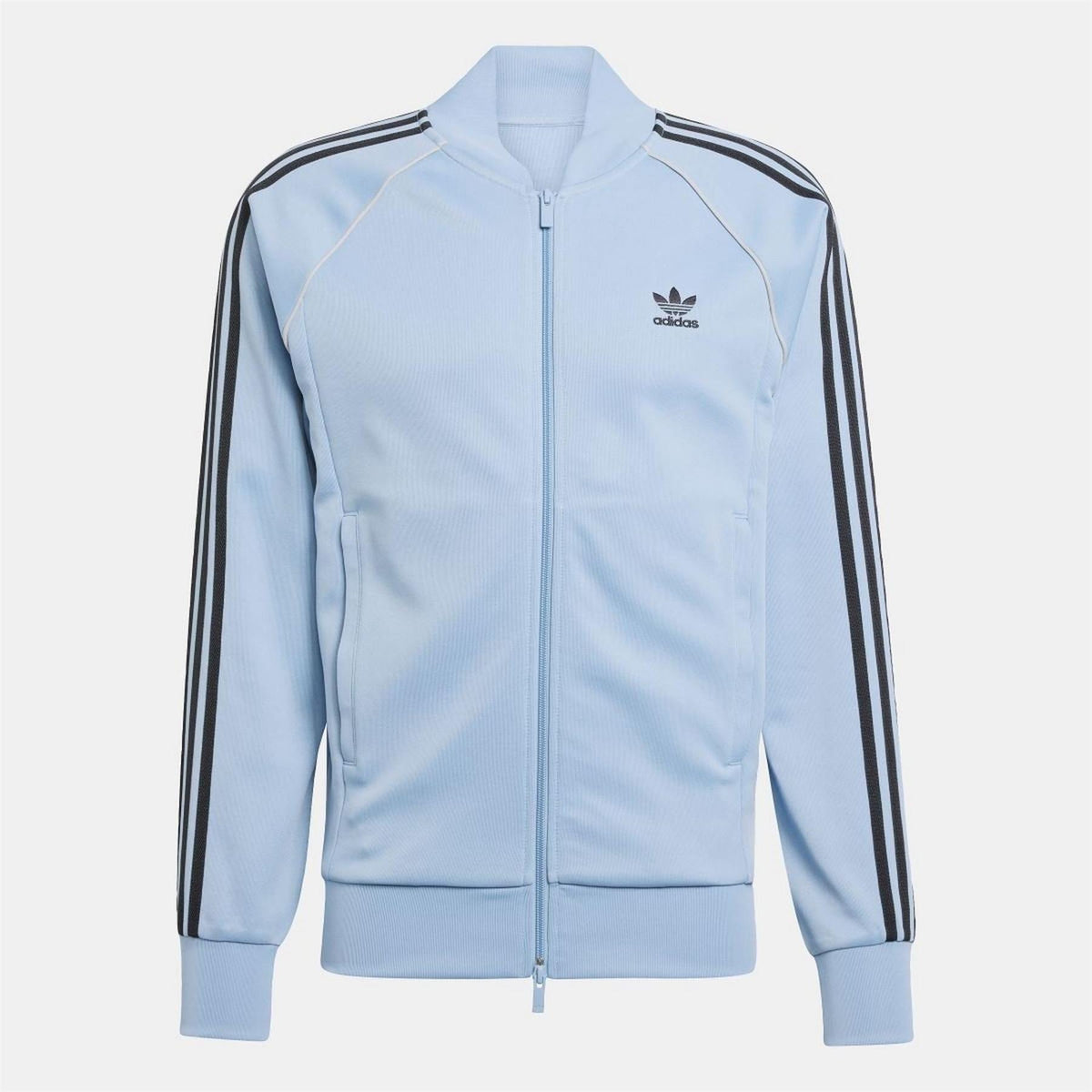 Adidas Originals Classic SST track jacket in black with white stripes, featuring a zip-up front and ribbed cuffs.